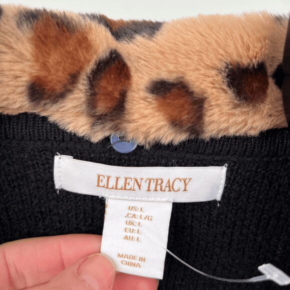 Ellen Tracy Wool-Blend Duster Coat Removable Faux Fur Leopard Collar SZ L - Picture 3 of 8